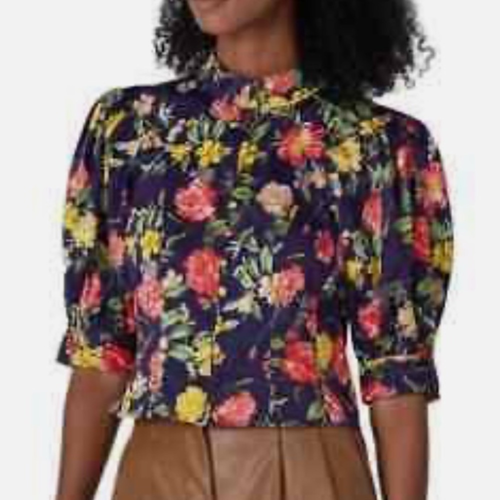 Marissa Webb Blouse Short Sleeves Navy Blue Rose Floral Size 6 Coquette Preppy